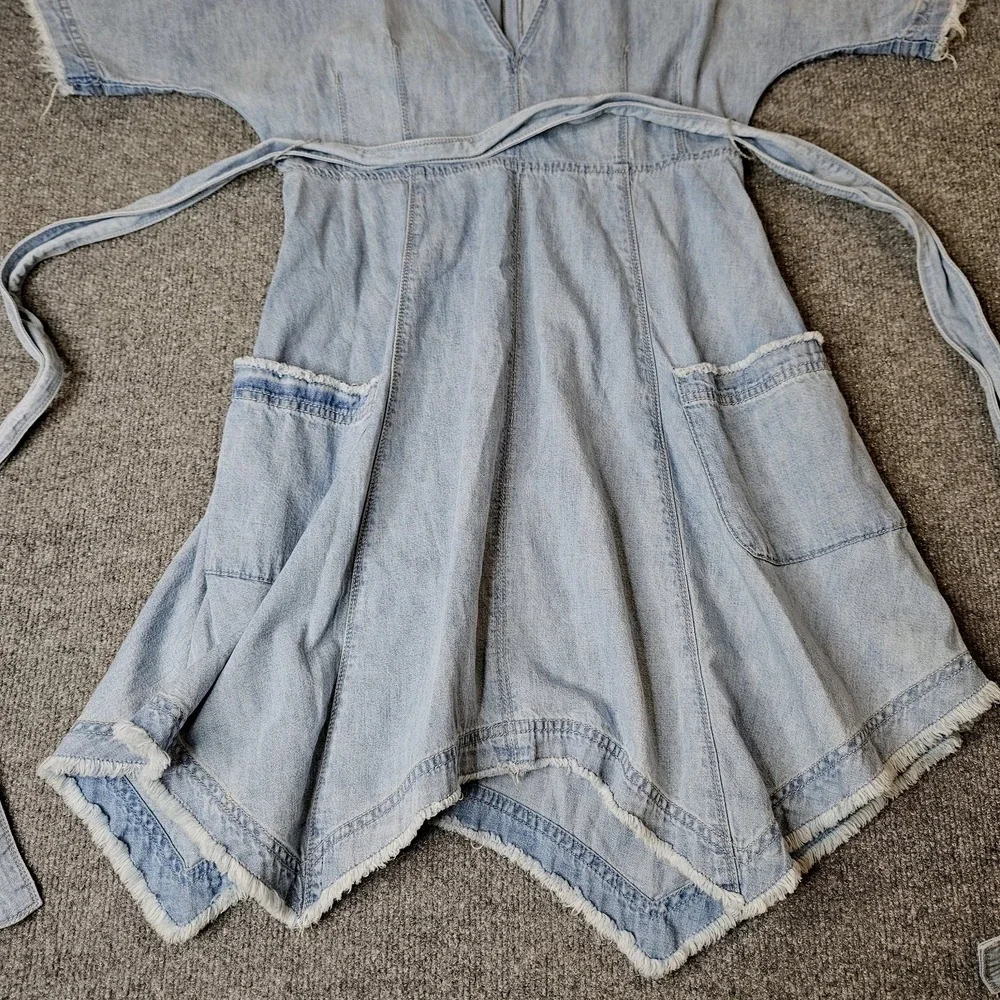 Free People Denim Asymmetrical Hem Mini Dress Size 4 Belted Dolman Sleeve Deep V